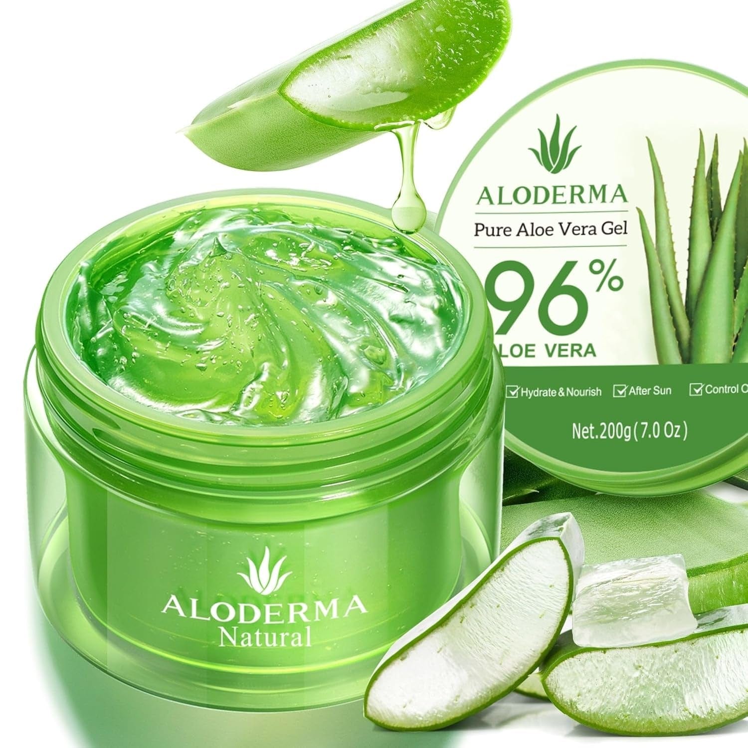 Organic Aloe Vera Gel for Face & Body, 96% Pure Aloe Gel Made within 12 Hours of Harvest, Ideal for Skin, Scalp, & Hair Hydration, Calming Moisturizer for Soothing after Sun Care, 7.05Oz