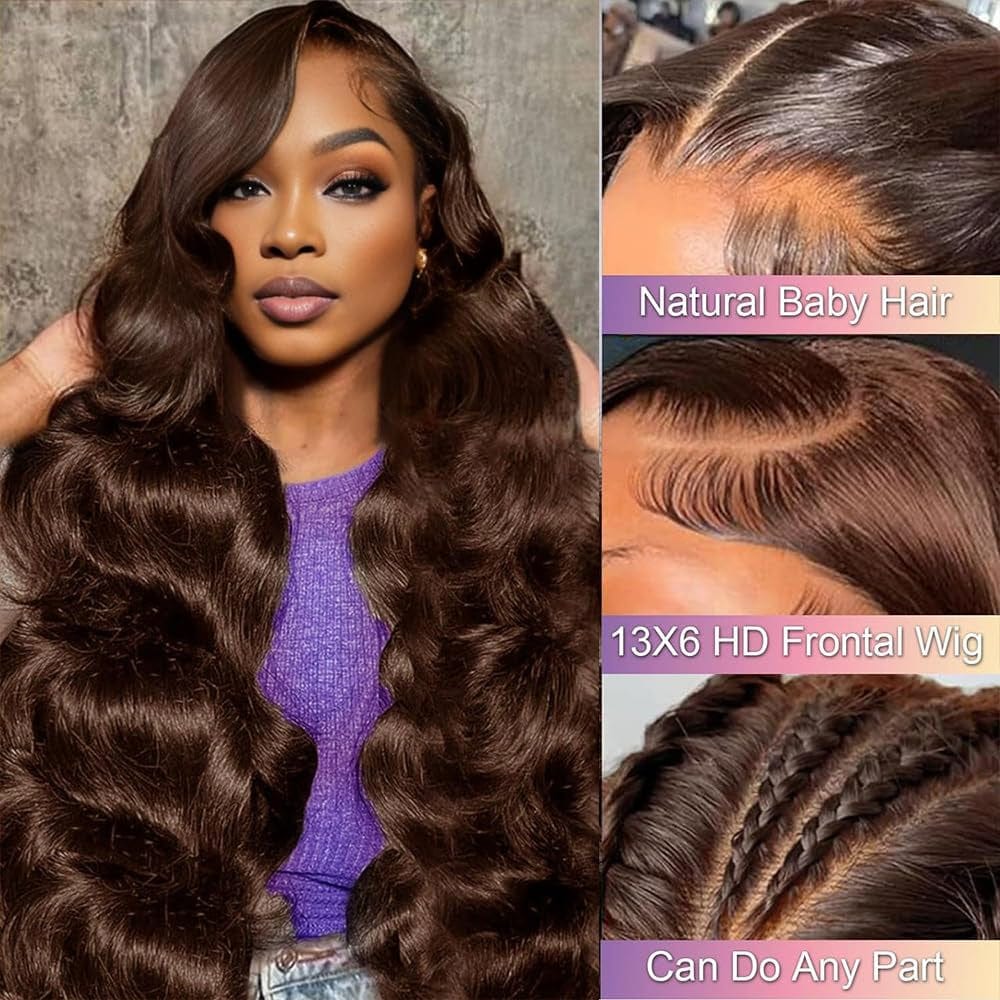 30 Inch Chocolate Brown Lace Front Wig Human Hair 13X6 Body Wave Lace Front Wigs Human Hair Pre Plucked 180 Density Colored Glueless 13X6 HD Lace Frontal Brown Wig Human Hair for Women