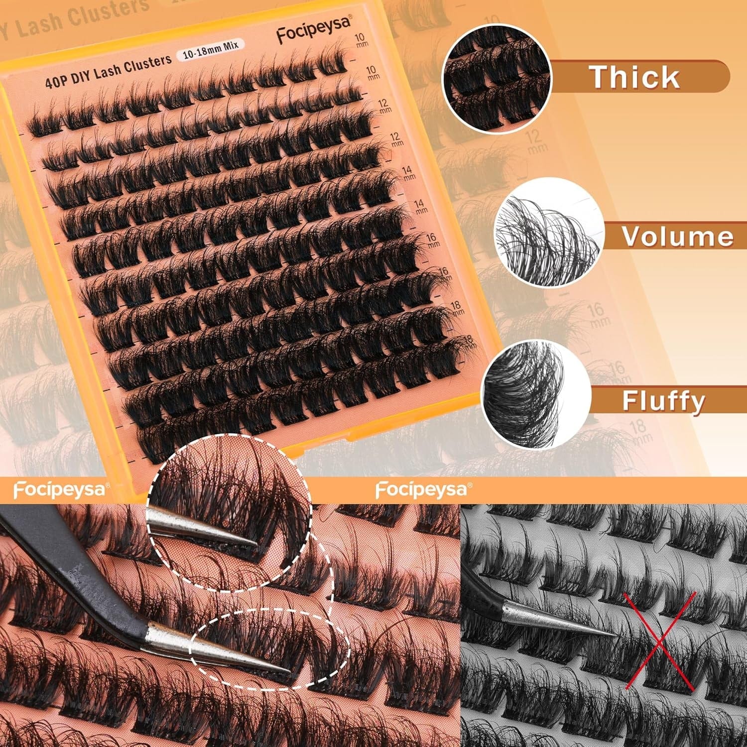 Thick Lash Extension Kit Full Volume Lash Clusters 40P Eyelash Extension Kit DIY Lash Extension Kit with Bond and Seal Glue, Lash Applicator DIY at Home for Beginner (40P 10-18MM)