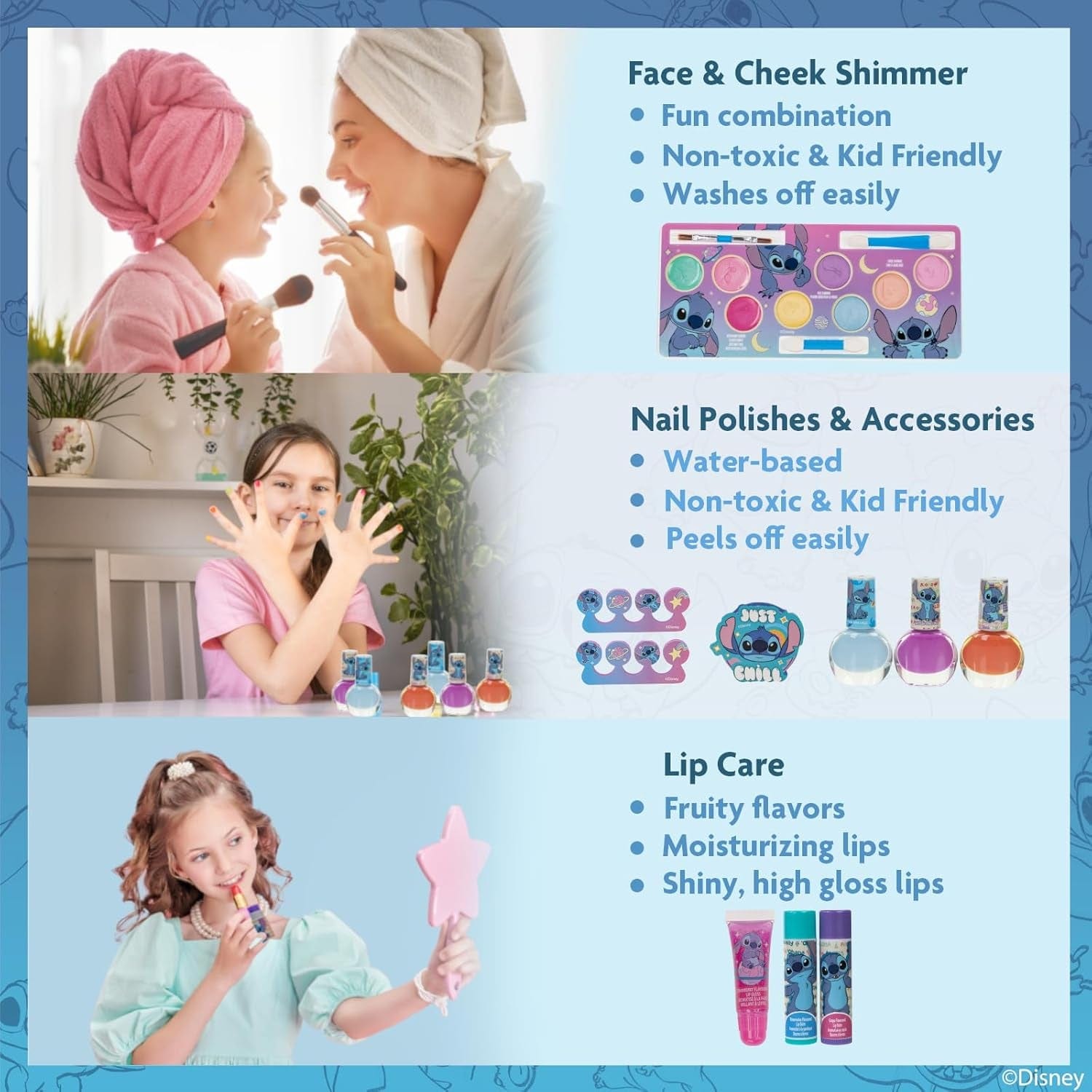 Stitch Train Case Beauty Set, Kids Makeup Kit for Girls, Real Washable Makeup Set, Play Makeup, Party Favor, Birthday, Ages 3 4 5 6 7 8 9 10 11 12 by