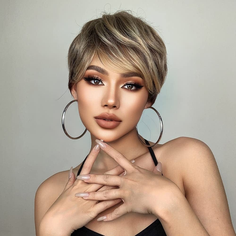 Female Hair Wigs - Short Golden Brown Wavy with Bangs, Layered Human Hair Wigs for Women