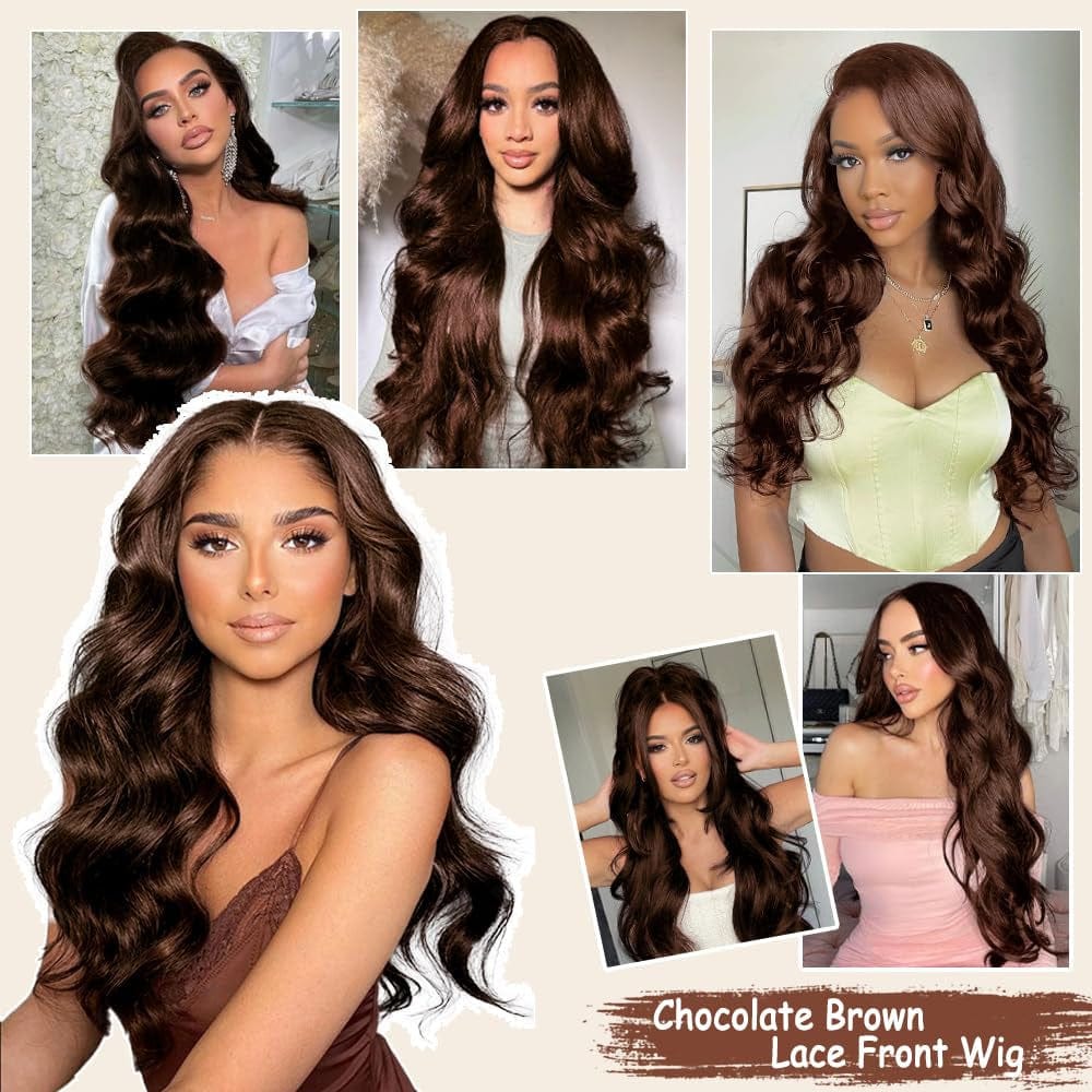 30 Inch Chocolate Brown Lace Front Wig Human Hair 13X6 Body Wave Lace Front Wigs Human Hair Pre Plucked 180 Density Colored Glueless 13X6 HD Lace Frontal Brown Wig Human Hair for Women