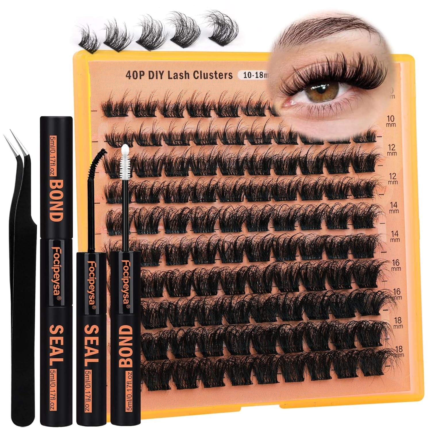 Thick Lash Extension Kit Full Volume Lash Clusters 40P Eyelash Extension Kit DIY Lash Extension Kit with Bond and Seal Glue, Lash Applicator DIY at Home for Beginner (40P 10-18MM)