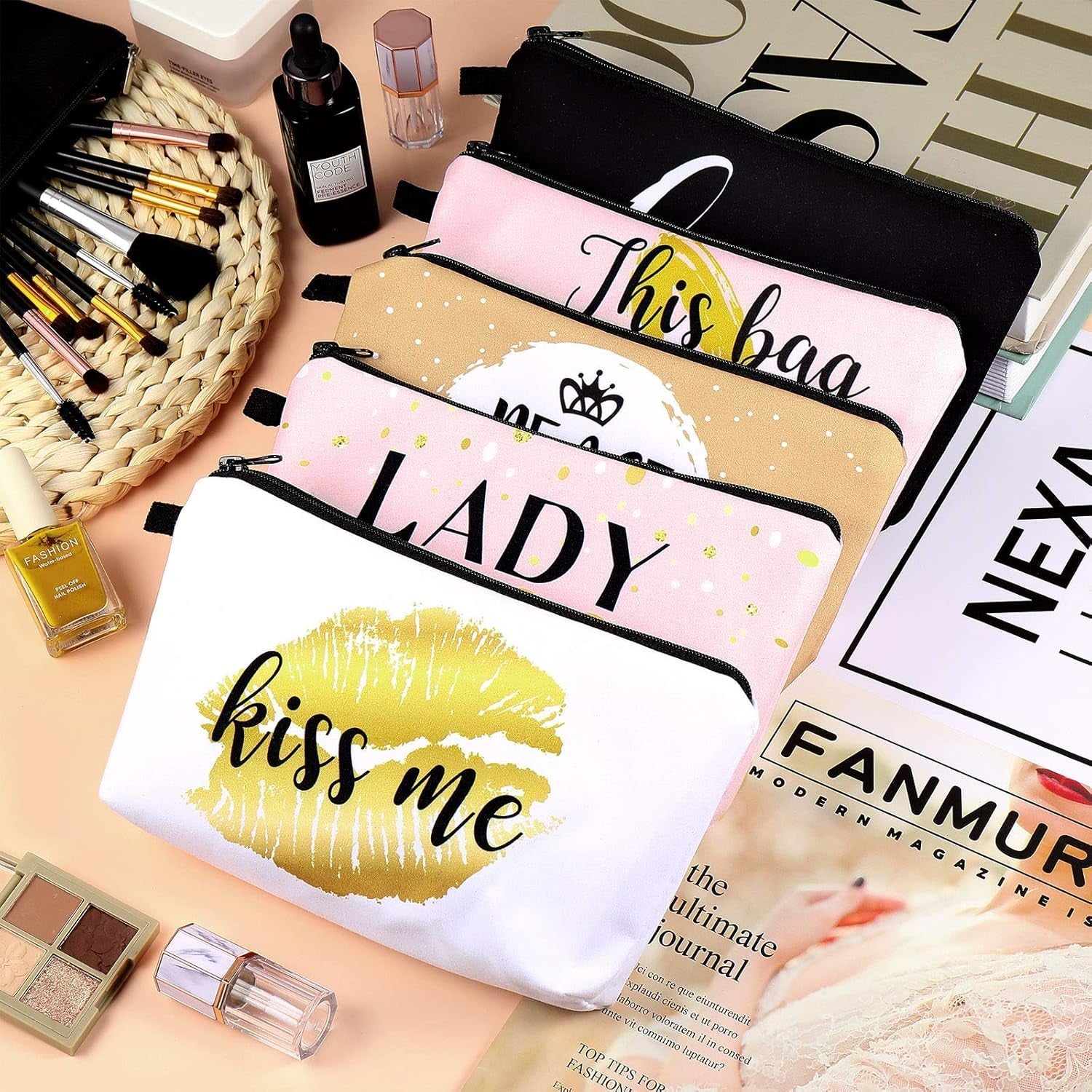 Heavenly Gadget Black, Gold And Pink Style Alphabet Cosmetic Bag Set - 10PC Lettered Makeup Pouches