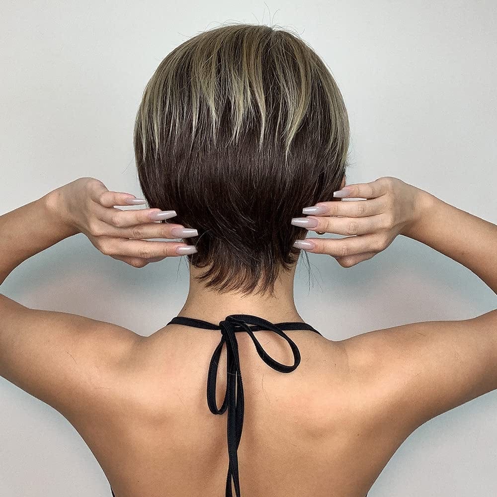 Female Hair Wigs - Short Golden Brown Wavy with Bangs, Layered Human Hair Wigs for Women