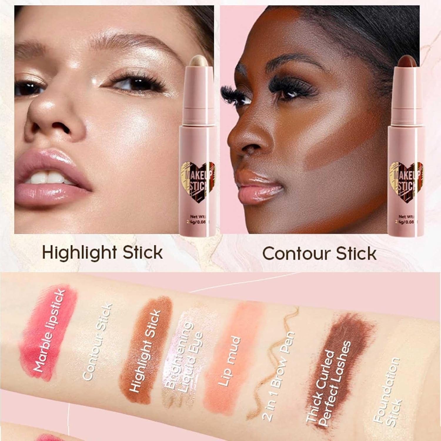 Makeup Kits for Teen Girls,Lipstick, Contour Stick, Highlighter Stick, Eye Shadow, Lip Mud, 2-In-1 Eyebrow Pencil, Foundation Stick, Mascara and Hair Tie,R Makeup Gift Set for Women(Cosmetic Bag)