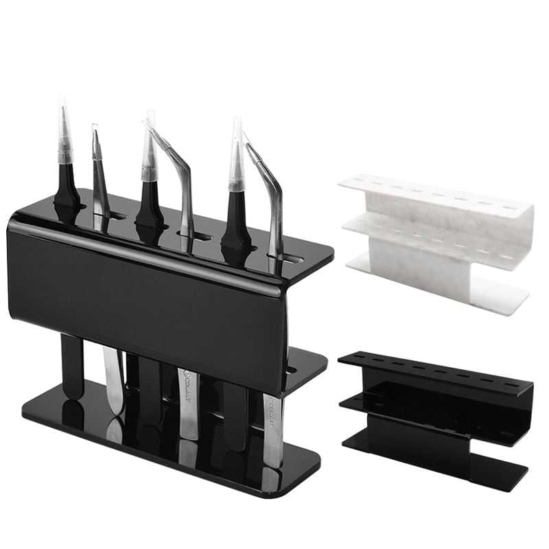 Acrylic lash tool holder with multiple compartments for organizing eyelash extension tools, brushes, and accessories, perfect for professionals and enthusiasts.