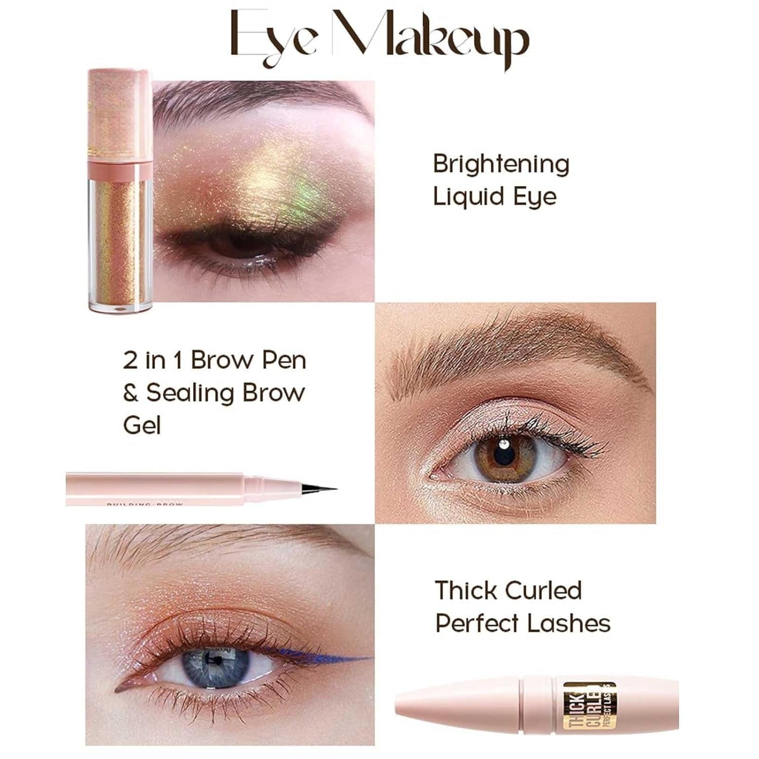 Makeup Kits for Teen Girls,Lipstick, Contour Stick, Highlighter Stick, Eye Shadow, Lip Mud, 2-In-1 Eyebrow Pencil, Foundation Stick, Mascara and Hair Tie,R Makeup Gift Set for Women(Cosmetic Bag)