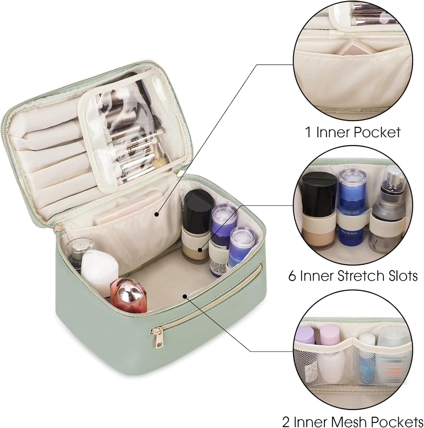 Makeup Bag, Travel Make up Organizer Cosmetic Brush Bags Case for Women in Vegan Leather, Sage Green, Patent Pending