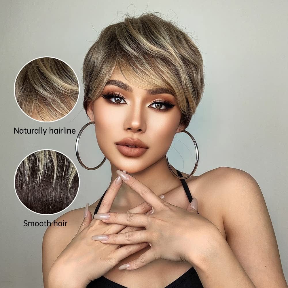 Female Hair Wigs - Short Golden Brown Wavy with Bangs, Layered Human Hair Wigs for Women