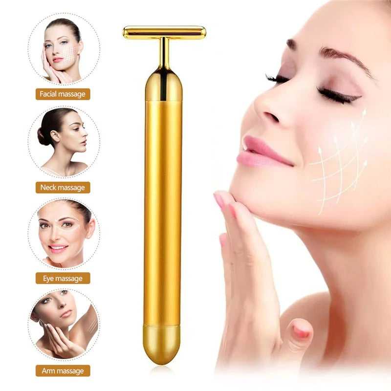 Gold face roller for skincare, ideal for facial massage, reducing puffiness, and improving circulation with a luxurious, spa-like experience at home.