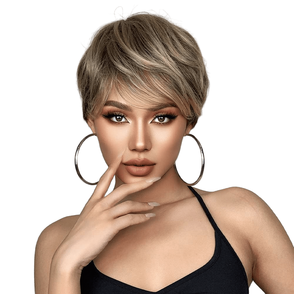 Female Hair Wigs - Short Golden Brown Wavy with Bangs, Layered Human Hair Wigs for Women