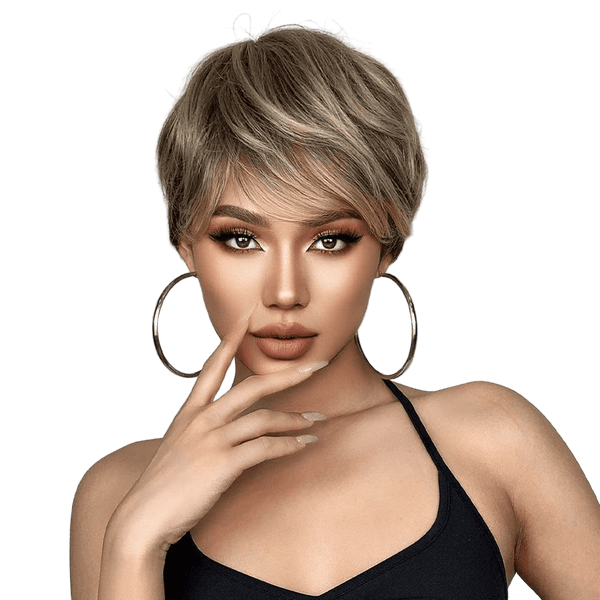 Female Hair Wigs - Short Golden Brown Wavy with Bangs, Layered Human Hair Wigs for Women