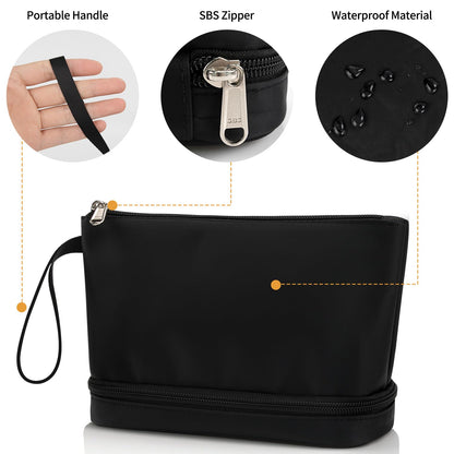 Small Makeup Bag, 2 Layers Travel Makeup Bag with Makeup Brush Holder, Cosmetic Bag Black Make up Pouch for Women/Girls