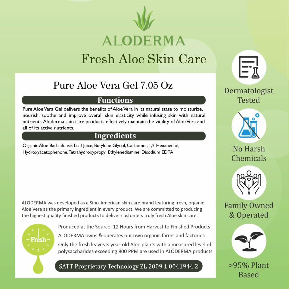 Organic Aloe Vera Gel for Face &amp; Body, 96% Pure Aloe Gel Made within 12 Hours of Harvest, Ideal for Skin, Scalp, &amp; Hair Hydration, Calming Moisturizer for Soothing after Sun Care, 7.05Oz
