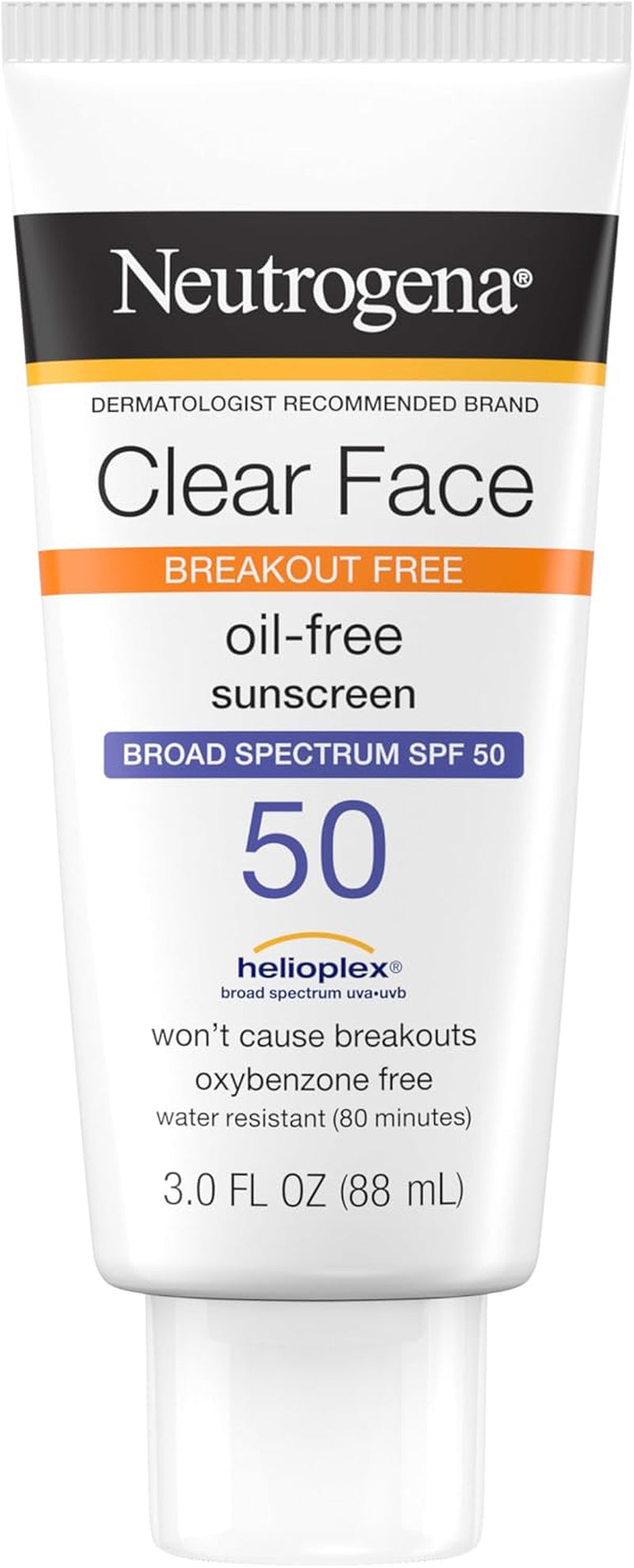 Clear Face Sunscreen Lotion for Acne-Prone Skin, Broad Spectrum SPF 50 Facial Sunscreen for Oily Skin, Oil-, Fragrance- &amp; Oxybenzone-Free Water Resistant Sunscreen, 3 Fl. Oz