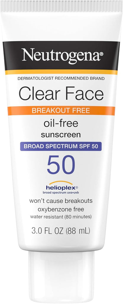 Clear Face Sunscreen Lotion for Acne-Prone Skin, Broad Spectrum SPF 50 Facial Sunscreen for Oily Skin, Oil-, Fragrance- &amp; Oxybenzone-Free Water Resistant Sunscreen, 3 Fl. Oz
