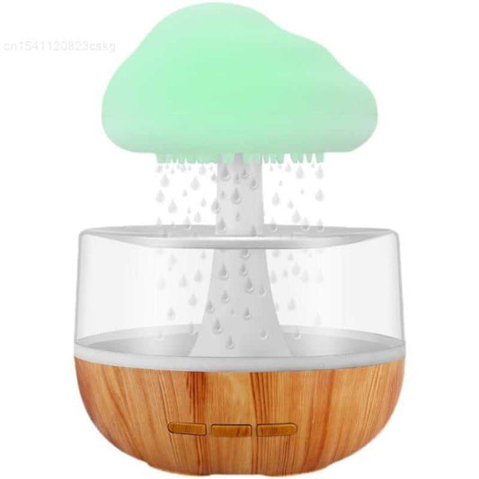 Desktop rain cloud humidifier with soothing mist and rainfall effect, perfect for relaxation, home decor, office desks, or meditation spaces.