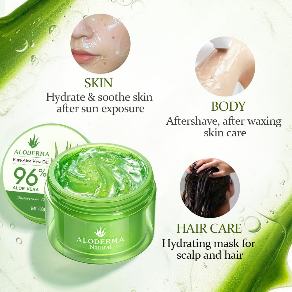 Organic Aloe Vera Gel for Face &amp; Body, 96% Pure Aloe Gel Made within 12 Hours of Harvest, Ideal for Skin, Scalp, &amp; Hair Hydration, Calming Moisturizer for Soothing after Sun Care, 7.05Oz