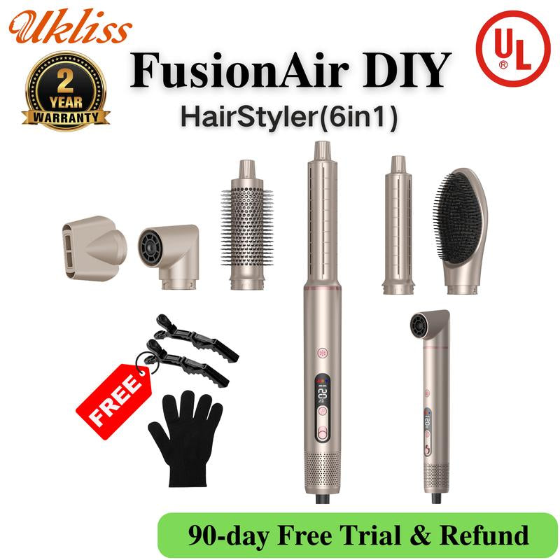 【NEW LAUNCH】UKLISS Fusionair DIY Hairstyler 8 in 1 Champagne Gold 90-Day Free Trial &amp; Refund 2 Year Warranty 110000RPM Hairdryer + Haircurler + Hairstraightener + Hotairbrush + Lowtemperaturehaircare + Negativeions + Blowoutboost + Hairdiffuser + Fluffier