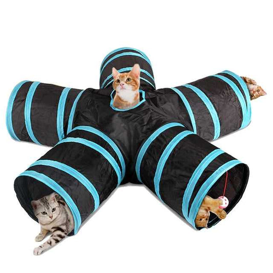 Foldable cat tunnel with durable fabric, ideal for playful cats to run, hide, and explore—perfect for indoor entertainment and exercise.