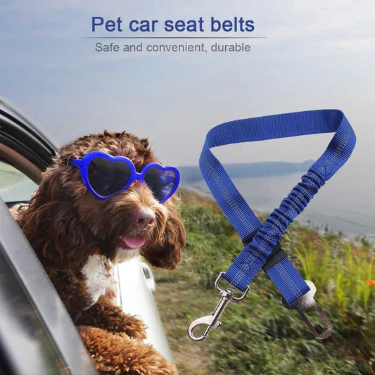 "Adjustable dog seat belt with a secure clip and harness attachment