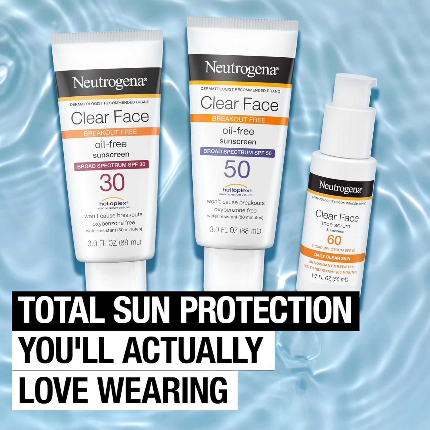 Clear Face Sunscreen Lotion for Acne-Prone Skin, Broad Spectrum SPF 50 Facial Sunscreen for Oily Skin, Oil-, Fragrance- &amp; Oxybenzone-Free Water Resistant Sunscreen, 3 Fl. Oz