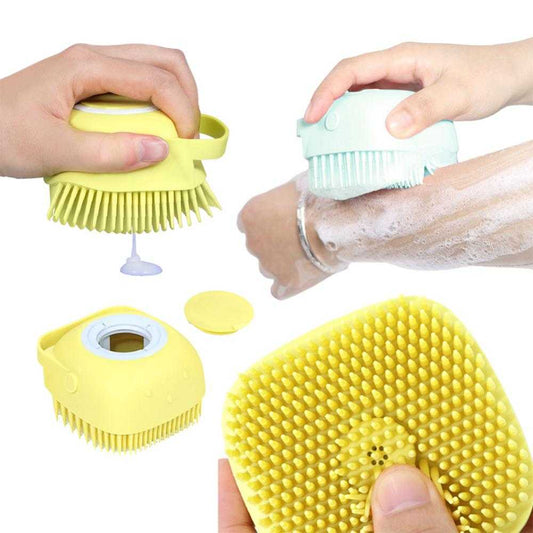 Cute dog bath brush with soft silicone bristles, perfect for gentle grooming, shedding control, and massaging dogs during bath time.