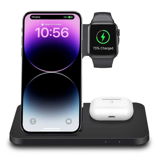 3in1 wireless fast charger dock station for phone, smartwatch, and earbuds, featuring sleek design and fast charging for clutter-free convenience.